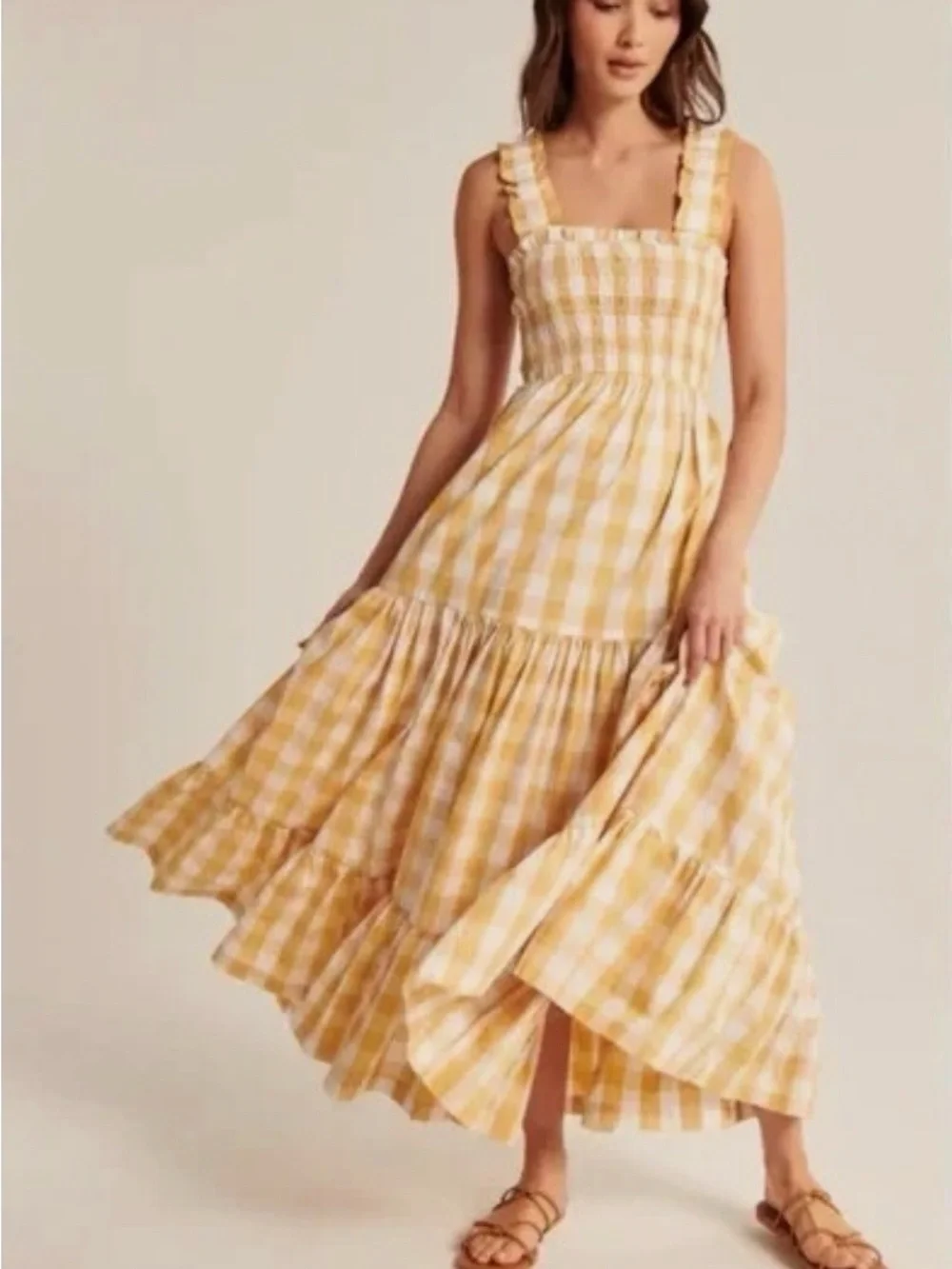 Abercrombie & Fitch Yellow Gingham Ruffled Strap Maxi Dress